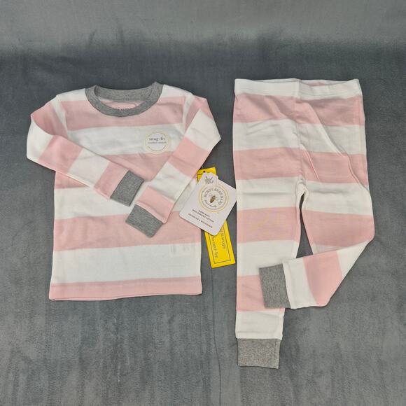 Burt's Bees Rugby Stripe Organic Cotton Snug Fit Pink & White Pajamas Girls 18M - Picture 1 of 6